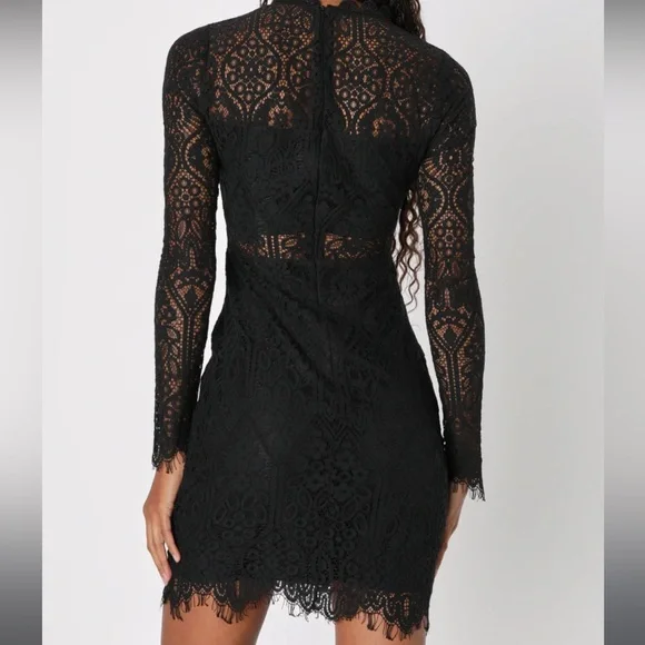 Lulus black lace cutout long sleeve mini dress, mock neck, medium, NWT - Picture 4 of 9